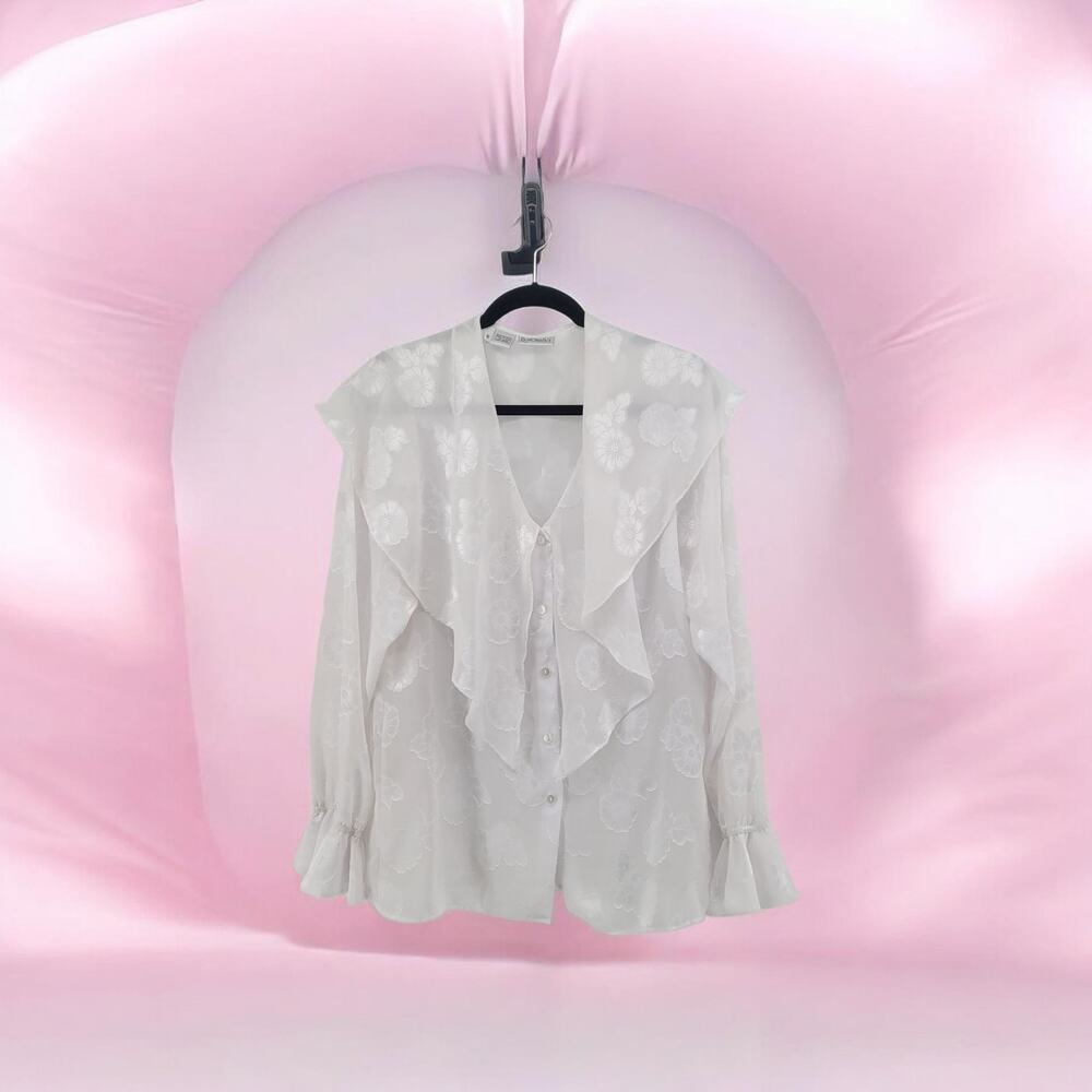 VTG Ruffled Neckline Poets Blouse 6 White Sheer Fairy Romance Y2K Bell Sleeve
